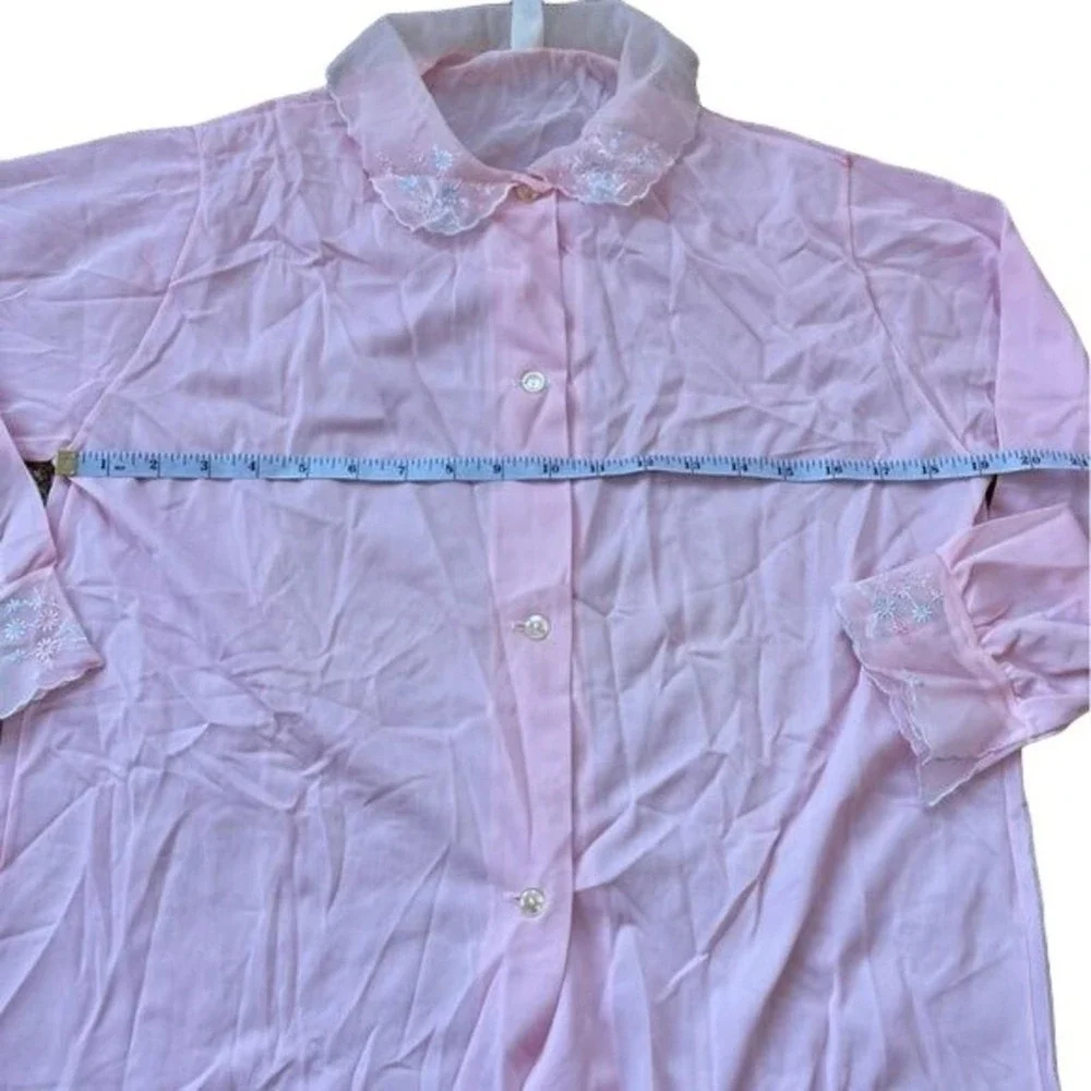 Vintage 60s Blouse Sleep Shirt Blush Pink Nylon Semi Sheer Top Floral Hems Sz 36 - Picture 9 of 11